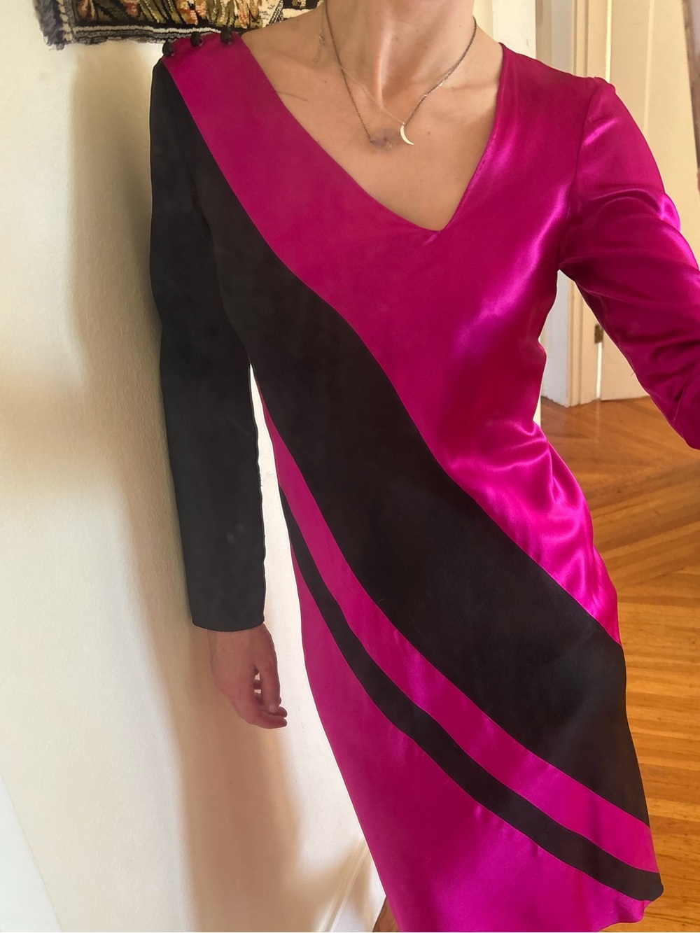 Sonia Rykiel Fuchsia and Black Silk V-Neck Long Sleeve Dress